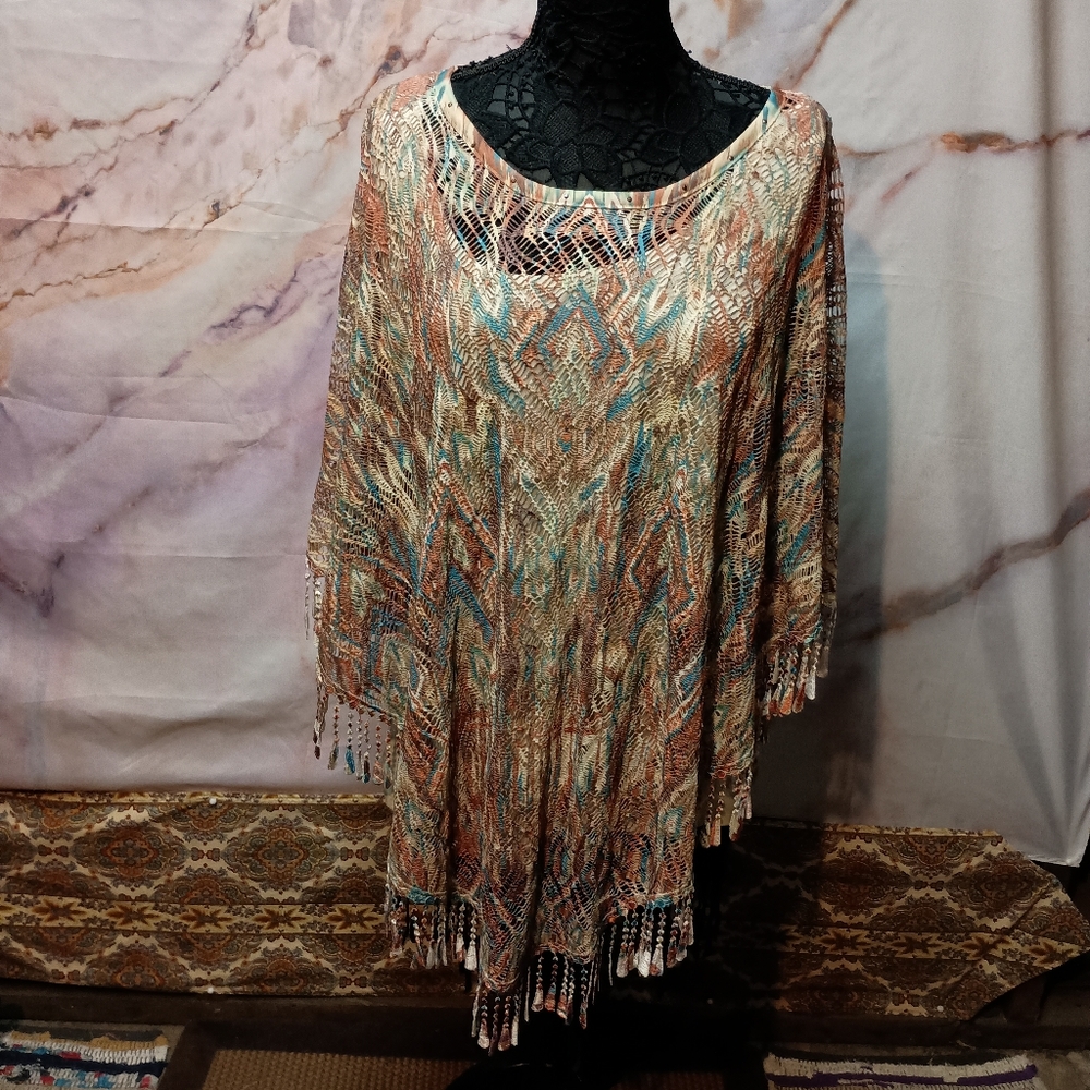 Reba Multicolor Fringe Crochet Layered Poncho
